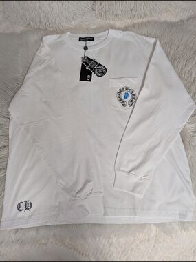 Chrome Hearts White Long-Sleeve Pocket Tee with Crest Patch